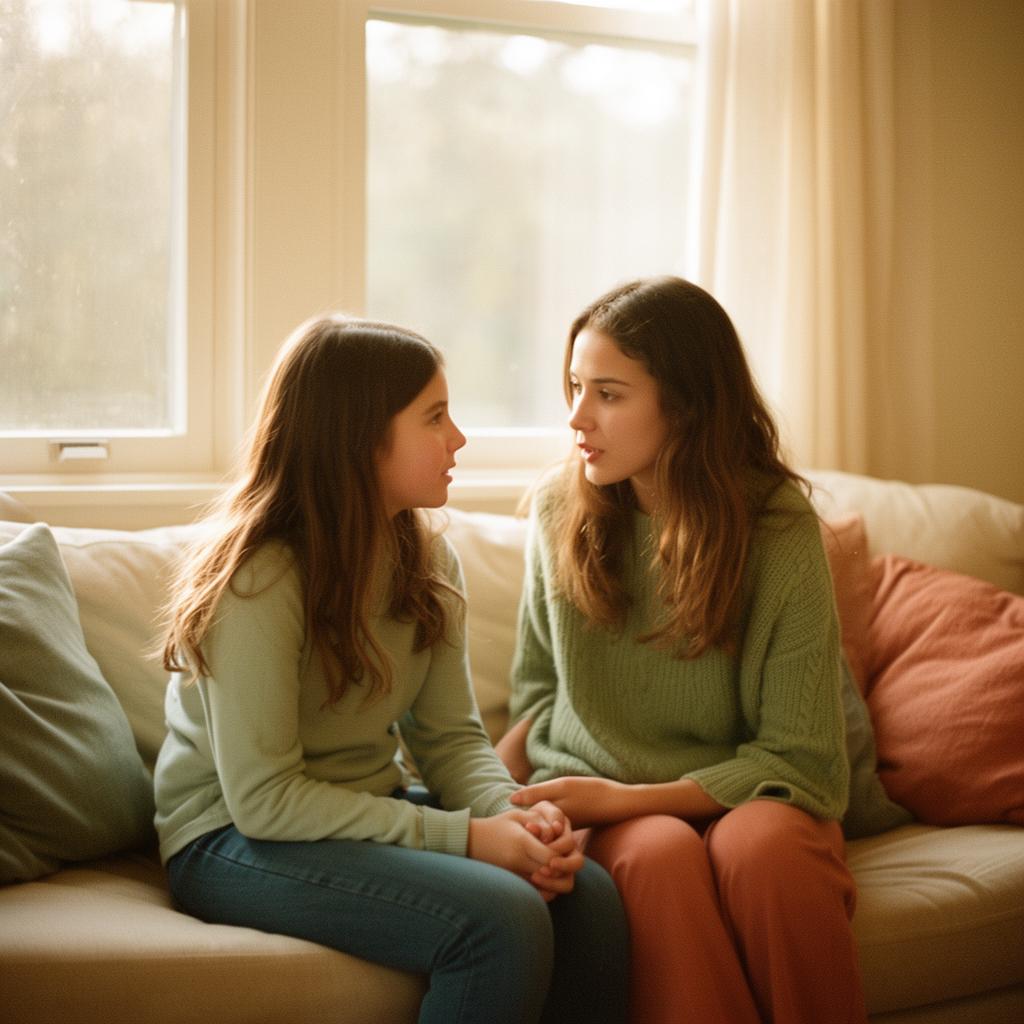 A mother and daughter sitting together in soft afternoon light