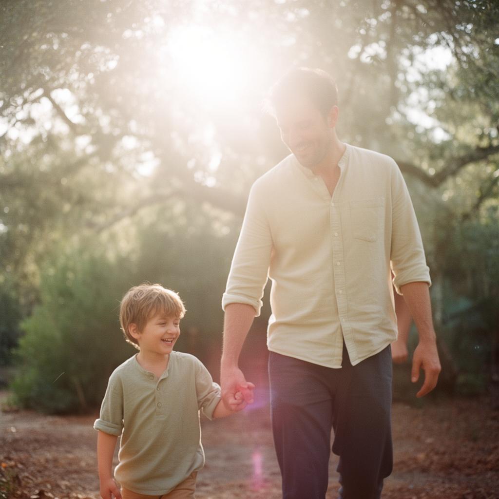 A father walking outdoors with his young son in late afternoon light